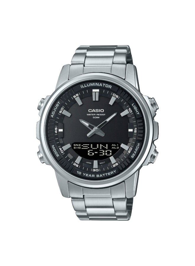 كاسيو ساعة كاسيو للرجال بأنالوج ورقمية بعرض توقيت عالمي AMW-880D-1AVDF، ميناء أسود، هيكل من الفولاذ المقاوم للصدأ - Image 1